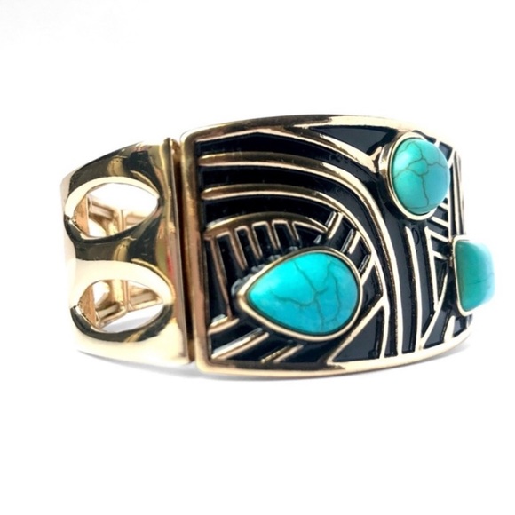 New Western Chic Wide Stretchy Bangle Style Turquoise Gold Tone Bracelet - Picture 3 of 3